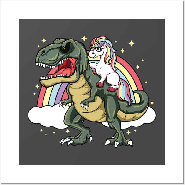 Unicorn Riding Dinosaur Trex Lover Rainbow Wall Art by ghsp